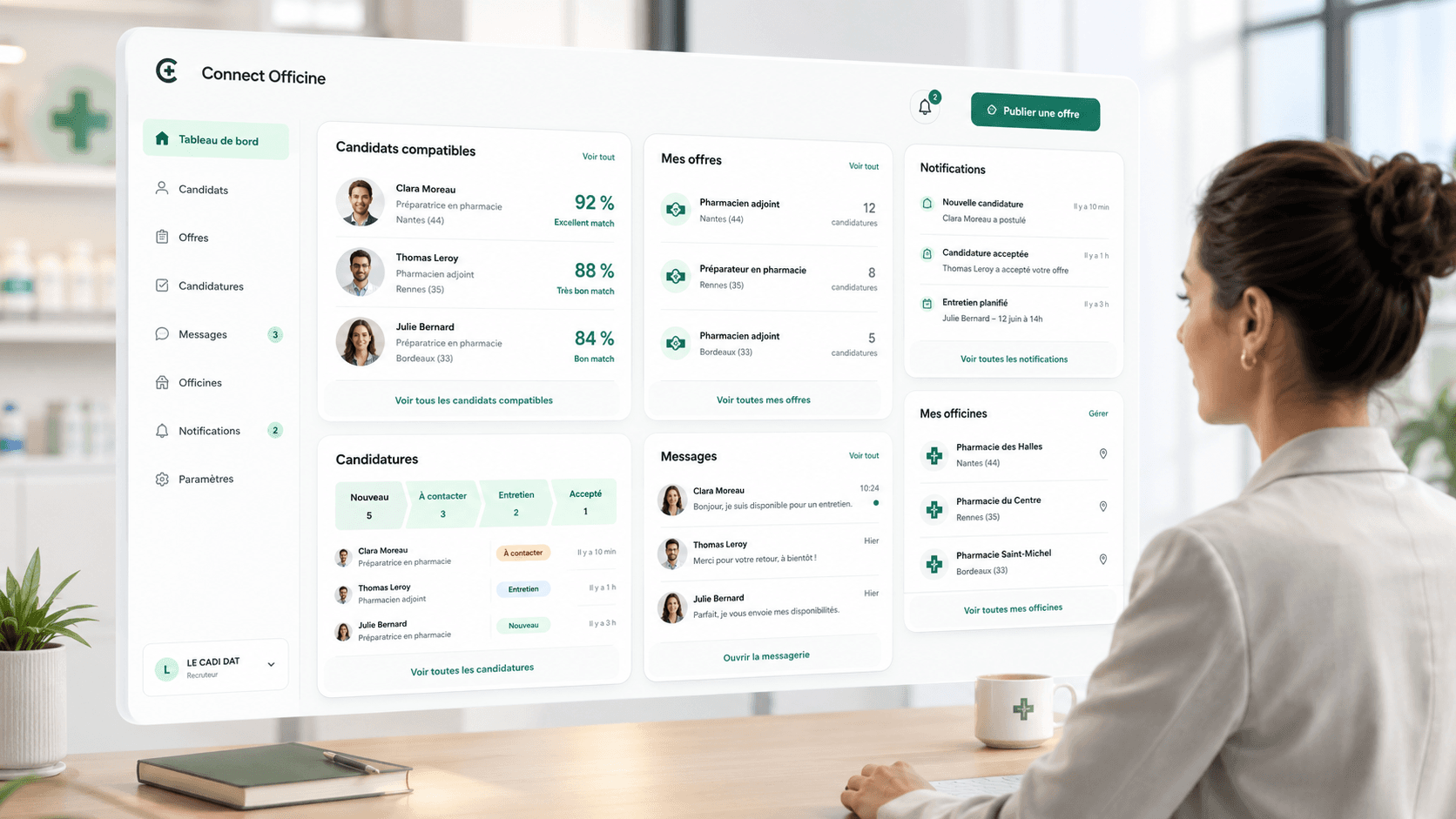 Vue de l’espace recruteur Connect Officine avec les candidats compatibles, les offres, les candidatures, les messages et les officines.